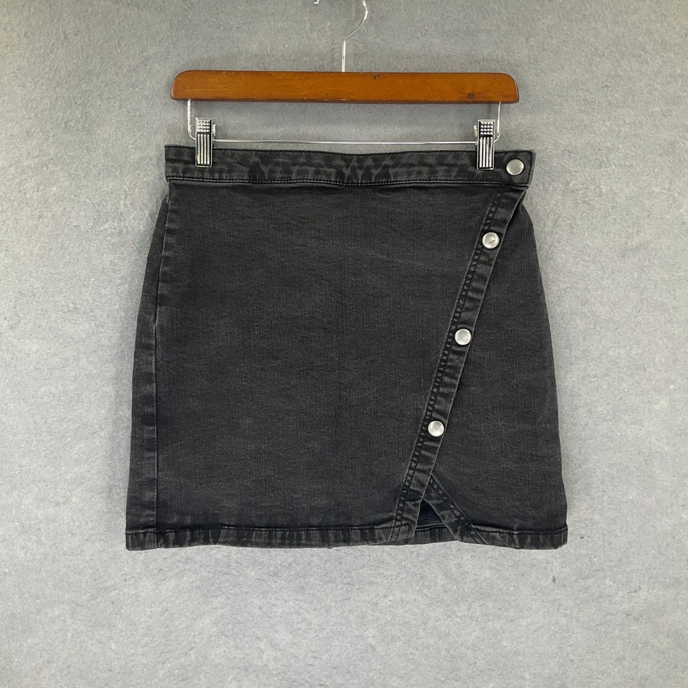 Free People Denim Mini Skirt Sz 10 Black Asymmetrical Button Front Festival‎